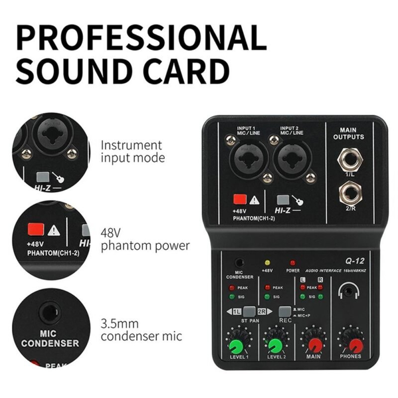 Q12 Audio Interface USB Sound Card Drive free Portable Mini 2way Electric Guitar Recording Professional Mixer 2