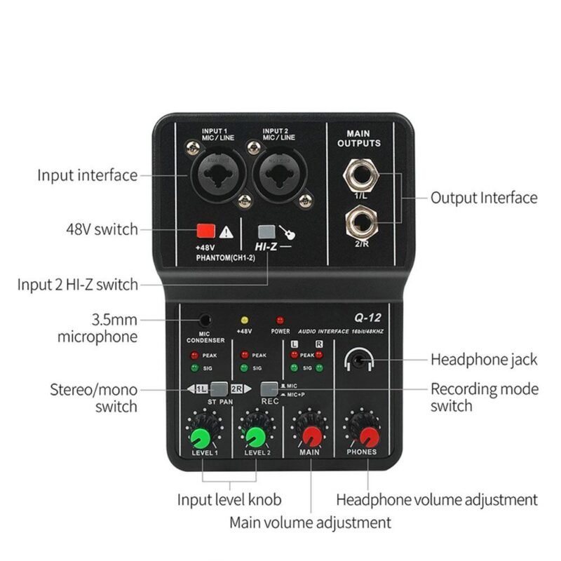 Q12 Audio Interface USB Sound Card Drive free Portable Mini 2way Electric Guitar Recording Professional Mixer 3
