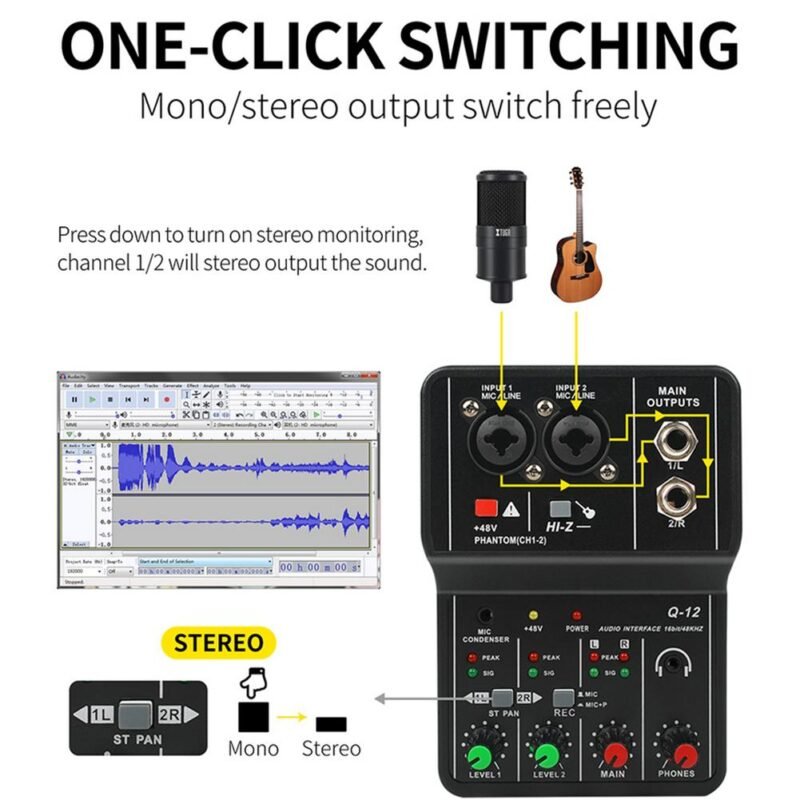 Q12 Audio Interface USB Sound Card Drive free Portable Mini 2way Electric Guitar Recording Professional Mixer 4