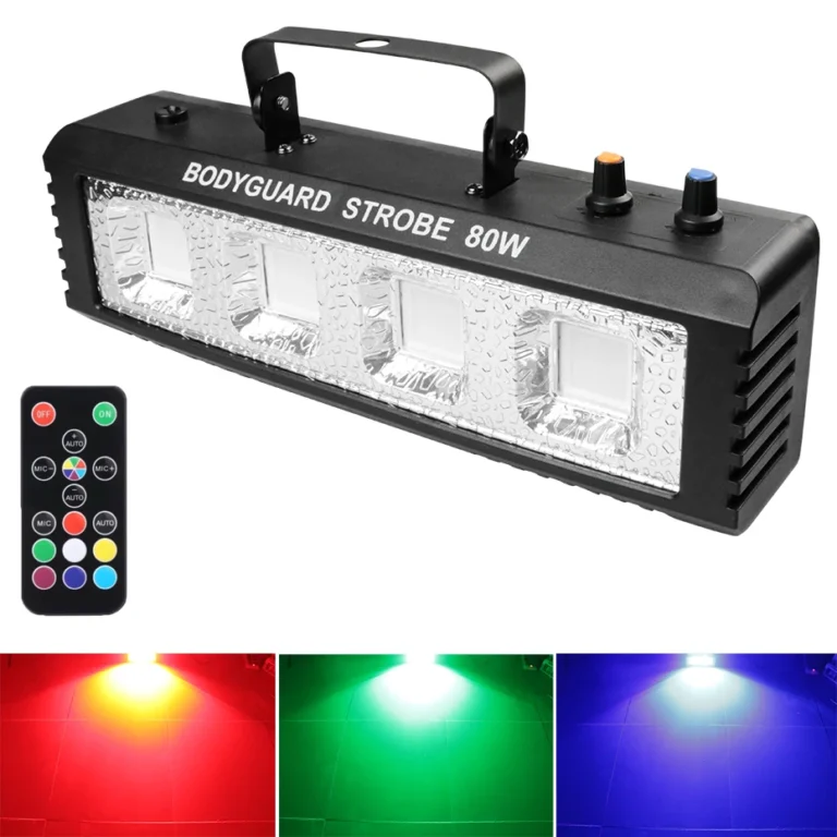 Professional RGB strobe light creating a vibrant atmosphere at a DJ-led disco party